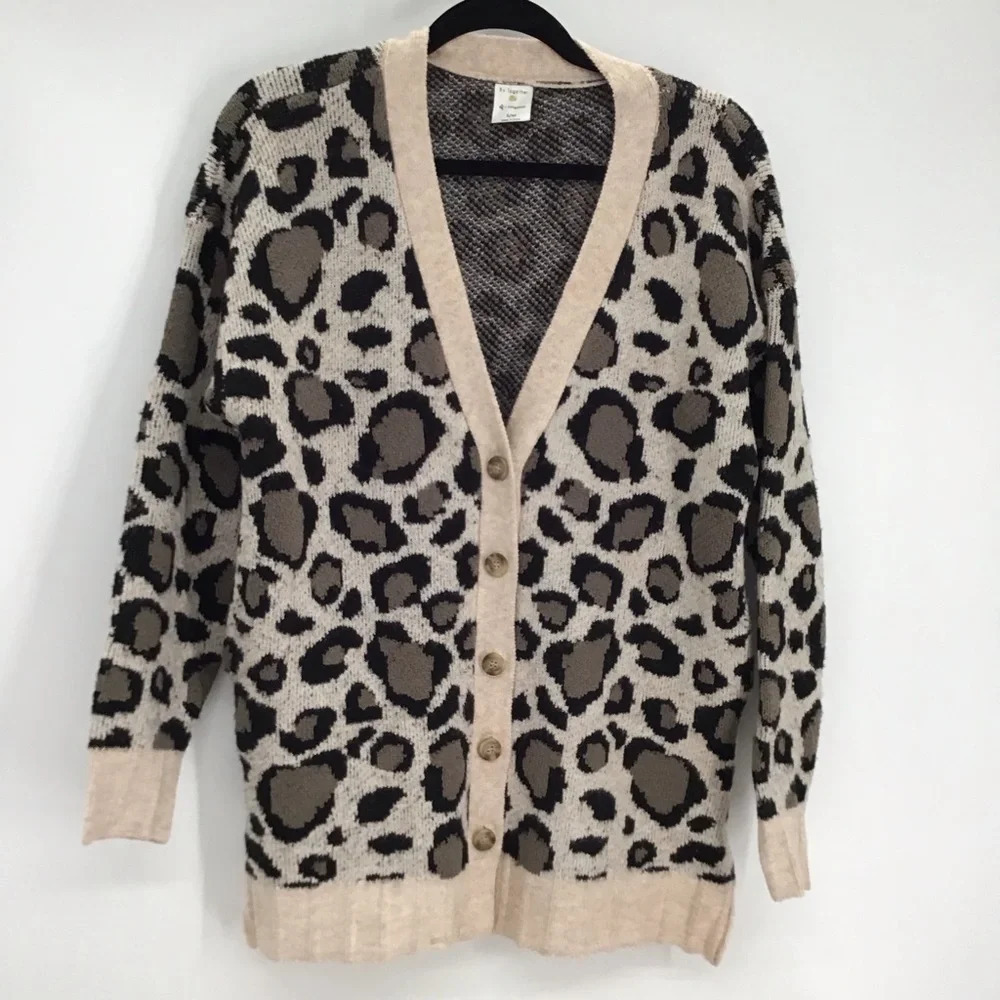By Together Women’s Button-Up Leopard Safari Print Cardigan Tan/Black Size S/M